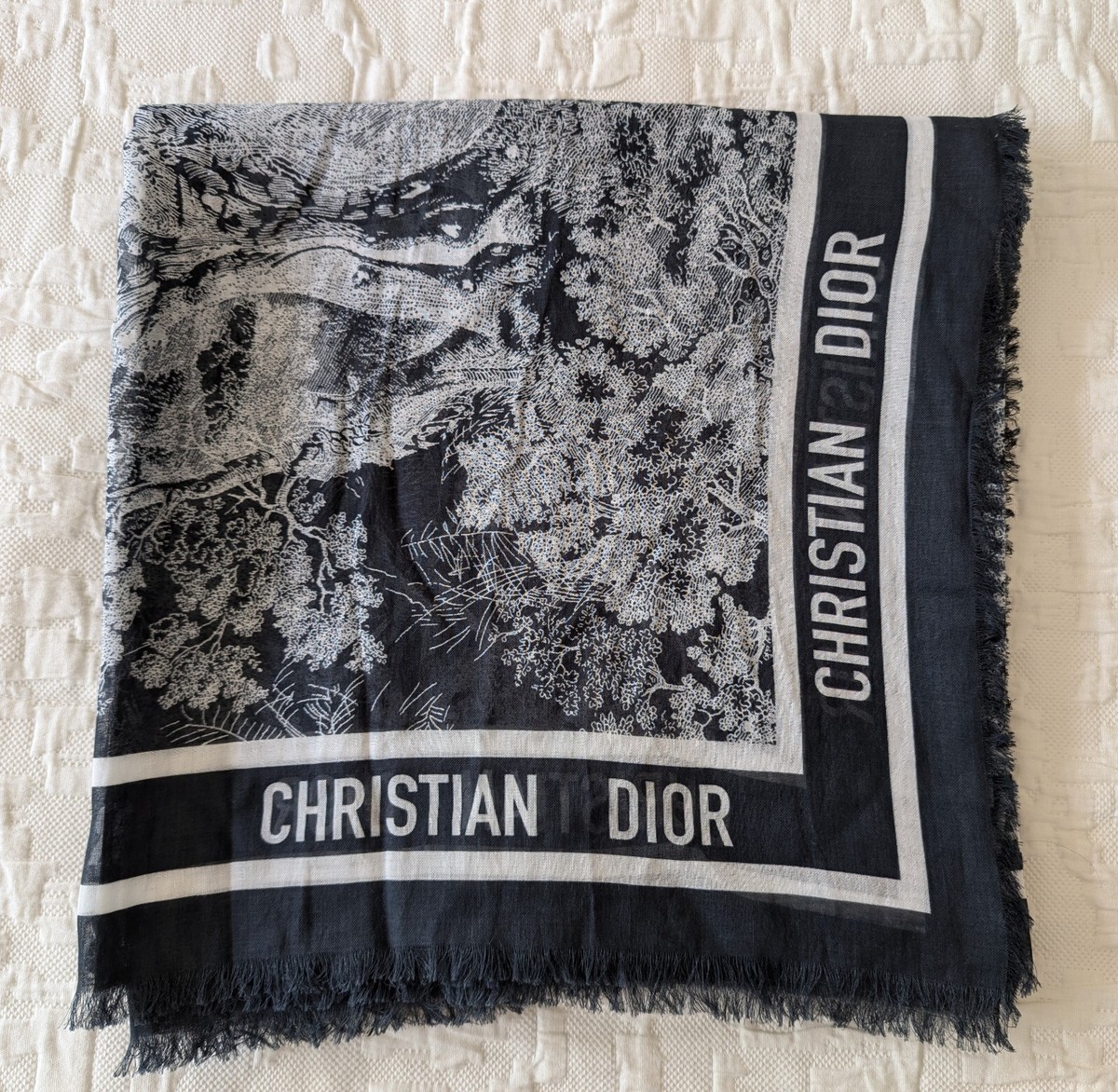 Christian Dior Toile De Jouy Sauvage Navy Blue Cotton Scarf Christian Dior Toile De Jouy Sauvage Navy Blue Cotton Scarf