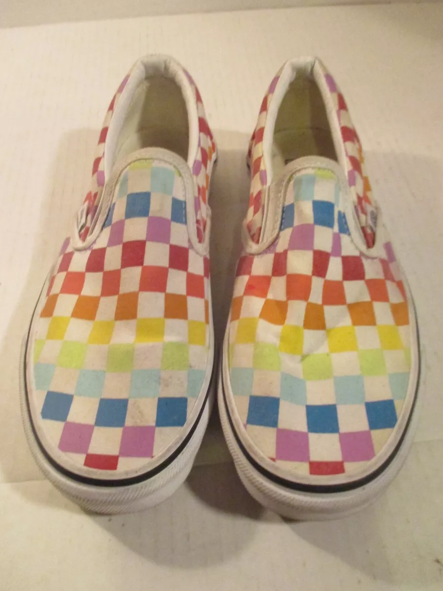 VANS Rainbow Checkered Slip Ons Canvas Skate Board Shoes Sizes