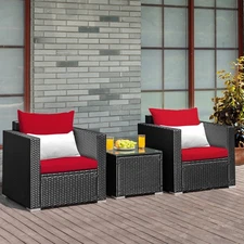 Patiojoy 3PCS Patio Rattan Wicker Furniture Set Sofa Table Cushioned Seat Red