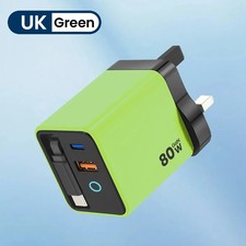 GaN USB Charger Plug UK Fast Type C 80W with Retractable Cable PD iPhone Samsung