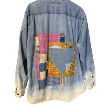 Upcycled Denim Shirt Mens L Bleached Heart Patchwork Boho Art To Wear Vintage