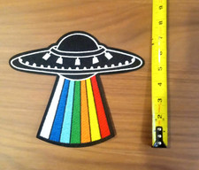 New Iron On Embroidered 8in by 9in Rainbow Space Ship Applique