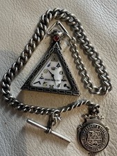 Original silver triangular MASONIC pocket watch c1920s With Heavy Silver Chain
