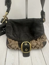 Coach Black Leather Bleeker Beige Canvas C’s Flap Shoulder Bag 11434 10” PROJECT
