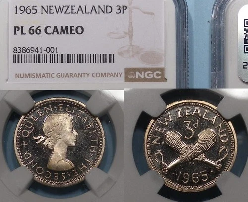 1965 NEW ZEALAND THREEPENCE NGC PL 66 CAMEO #102-50