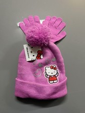 Hello Kitty hat  gloves set Sanrio pink pom pom hearts fleece lined One Size