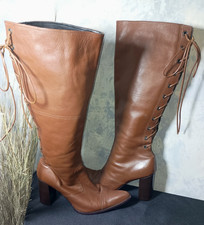 Womens Brown Leather Knee high Pointed Toe Lace up Boots wSide Zip-Size 10
