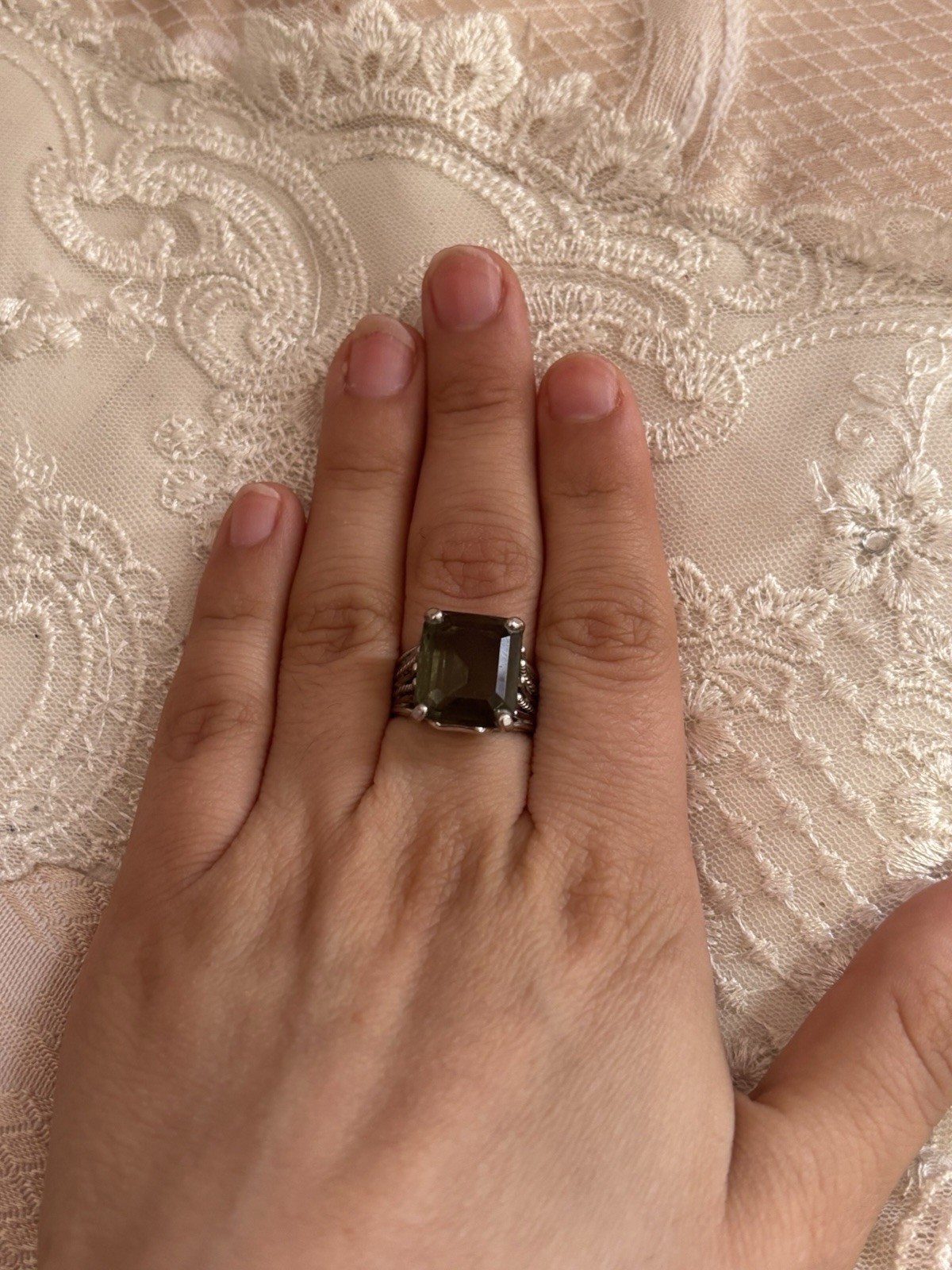 Silver Cocktail Ring Solitaire with Large Gray Em… - image 3