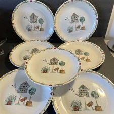 7 Pc Thomson Pottery Birdhouse Pattern 10 3/8” Dinner Plates Used