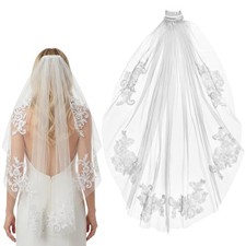 White Lace Bridal Veil with Comb, Rhinestone Short Veil Wedding Veil for Brides
