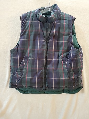Chaleco acolchado Eddie Bauer reversible verde tartán a cuadros para hombre mediano plumón de ganso de colección - Imagen 11 de 13