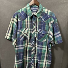 Wrangler Western Shirt Mens 2XL Short Sleeve Plaid Pearl Snap Green Navy Blue