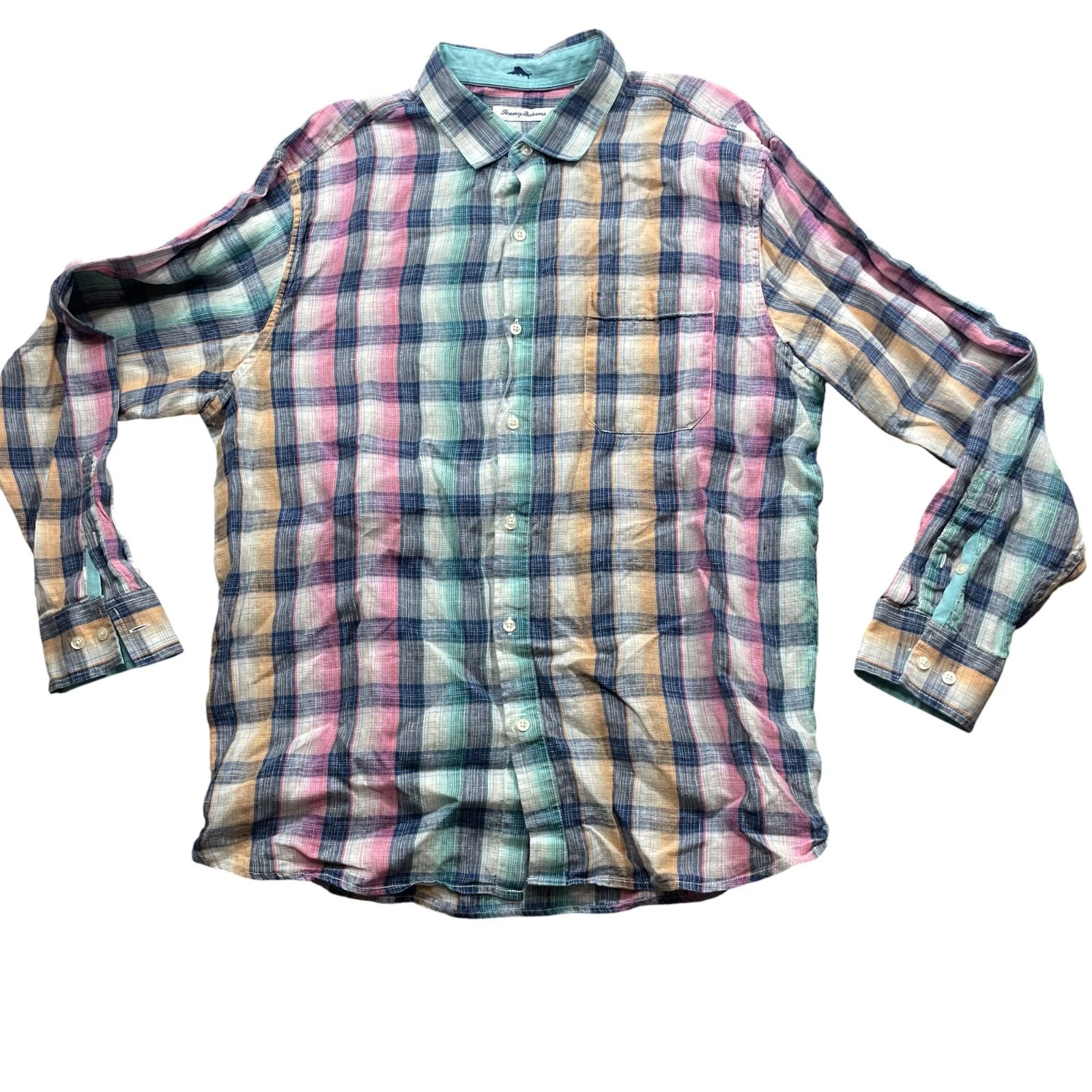 Tommy Bahama XL Bright Plaid Long Sleeve Button Up 100% Linen Shirt