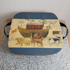 VTG Woven Wood Decoupage Noah's Ark Lid w/Handles Hinge Top Home Décor Basket