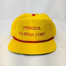Vintage Pennzoil Caspian Corp Rope Hat Snapback Trucker Yellow Bar S Made in USA
