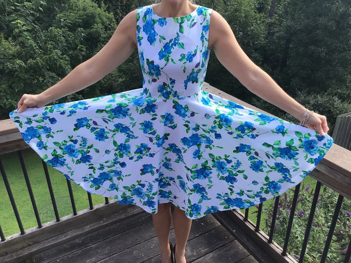 white dress with blue flowers