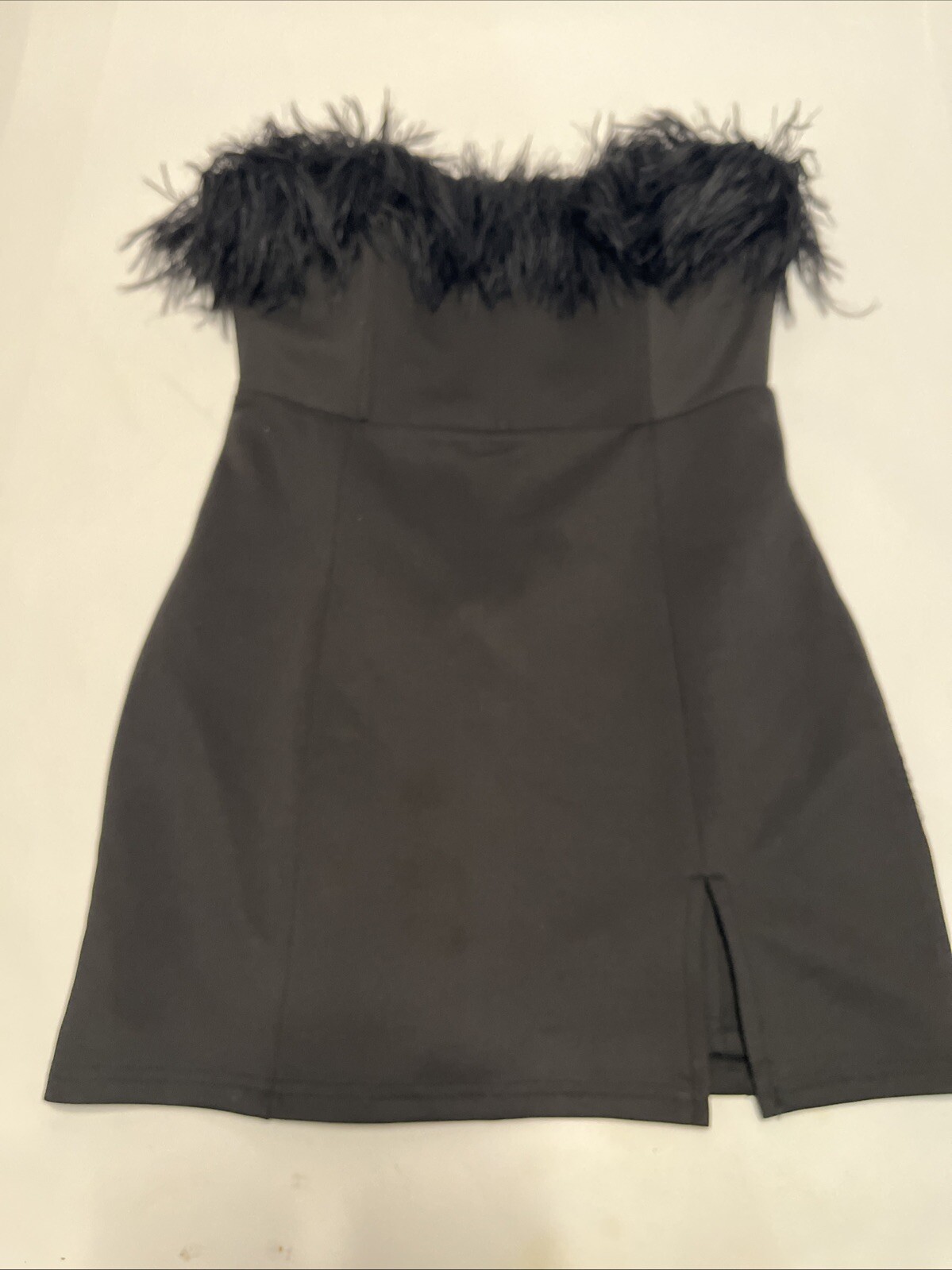 Showpo Rhaiza Mini Dress Faux Feather Trim Strapless Dress in Black Size 4 Lined