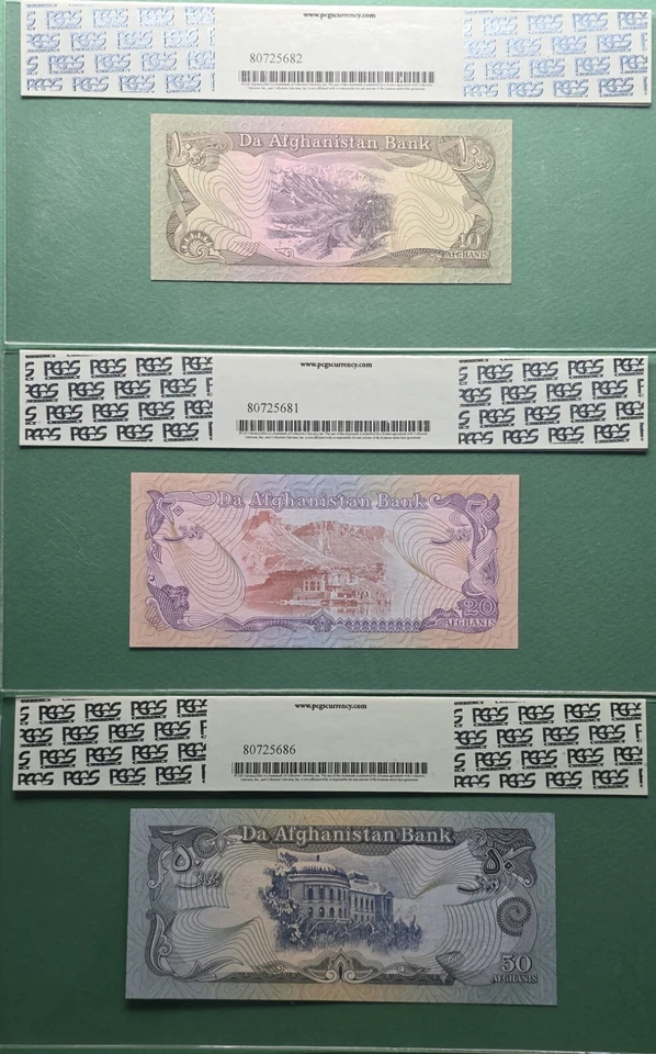 1979 AFGHANISTAN 10/20/50 AFGHANIS P# 55a/56a/57a  PCGS 66 PPQ  3PC SET - Image 2 of 4