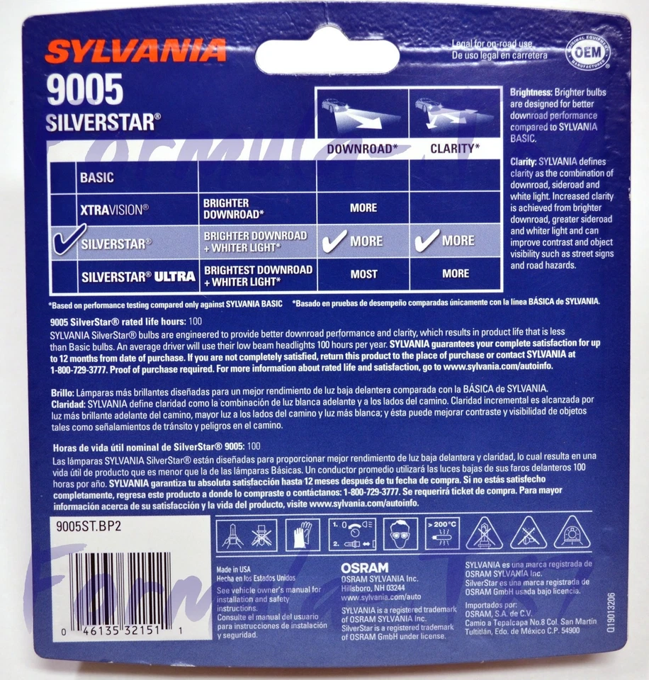 Sylvania Silverstar 9005 HB3 65W Dos Bombillas Cabeza Luz Alta Reemplazar PlugPlay Foto 3 de 4