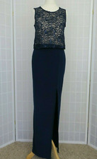 Quiz Maxi Dress UK 8 Midnight Blue Lace Sequin Asymmetric Split Party Occasion 