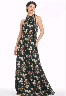 Sachin & Babi Kayla Black Venetia Petal Floral Print Halter Gown Dress Size 6