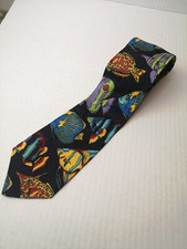 Vintage 1980s 100 Silk Jacquard Novelty Neck Tie Tropical Fish Black 59"x3.75"