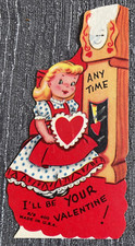 Vintage Valentine Card Girl Grandfather Clock Ill Be Your Heart Made in USA Torn