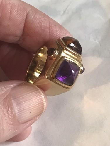 Amethyst & Citrine Cabochons Set In 18k Yellow Solid Gold Ring 13 Gr. Size 5.5 - Picture 4 of 20