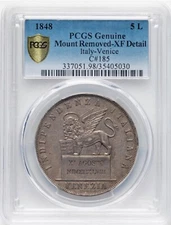 ITALY  VENICE REVOLUTIONARY  1848  5 LIRE SILVER COIN, PCGS CERTIFIED XF DETAILS