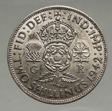 1942 United Kingdom UK Great Britain GEORGE VI w Crown Silver Florin Coin i56659