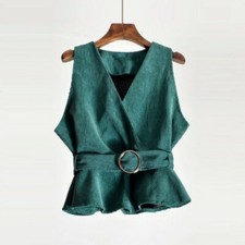 Femme Gilet Débardeur Haut sans Manche Col V Ceinture Velours Côtelé Volanté