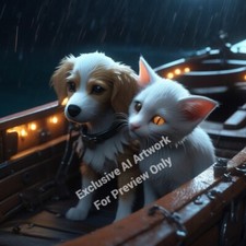 Digital Image Wallpaper Photo Picture AI Art Puppy Dog Cat Kitten Pets Boat Rain
