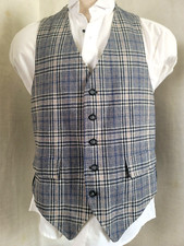 Men's Classic Vintage Business Navy Gray Plaid Wool Vest Lapels SzM 40 1980s