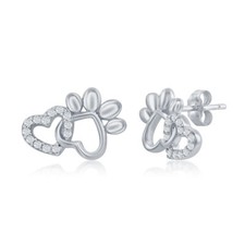 Sterling Silver CZ Heart Paw Print Stud Earrings