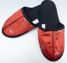 Chinese Red Satin Slippers Embroidered Crimson Flowers Floral Medium Unisex Flat