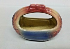 Vintage Pottery Handle Basket Planter Dish Oblong Pink & Blue Finish 5 1/2" Long