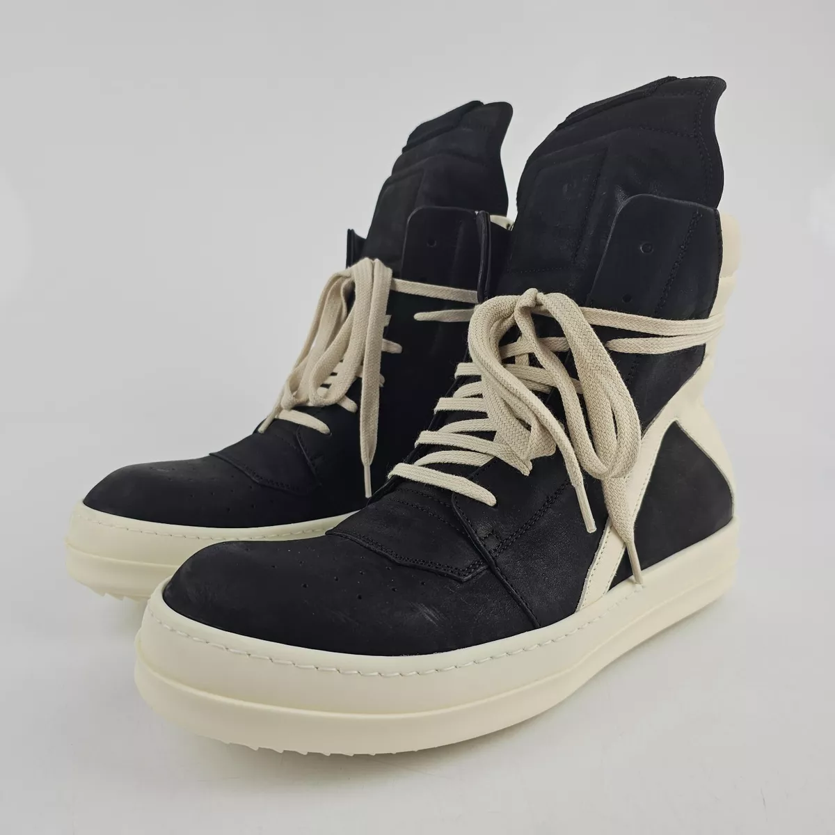 Rick Owens Geobasket Black/Milk Calf Leather Sneakers New Size 39 US 6