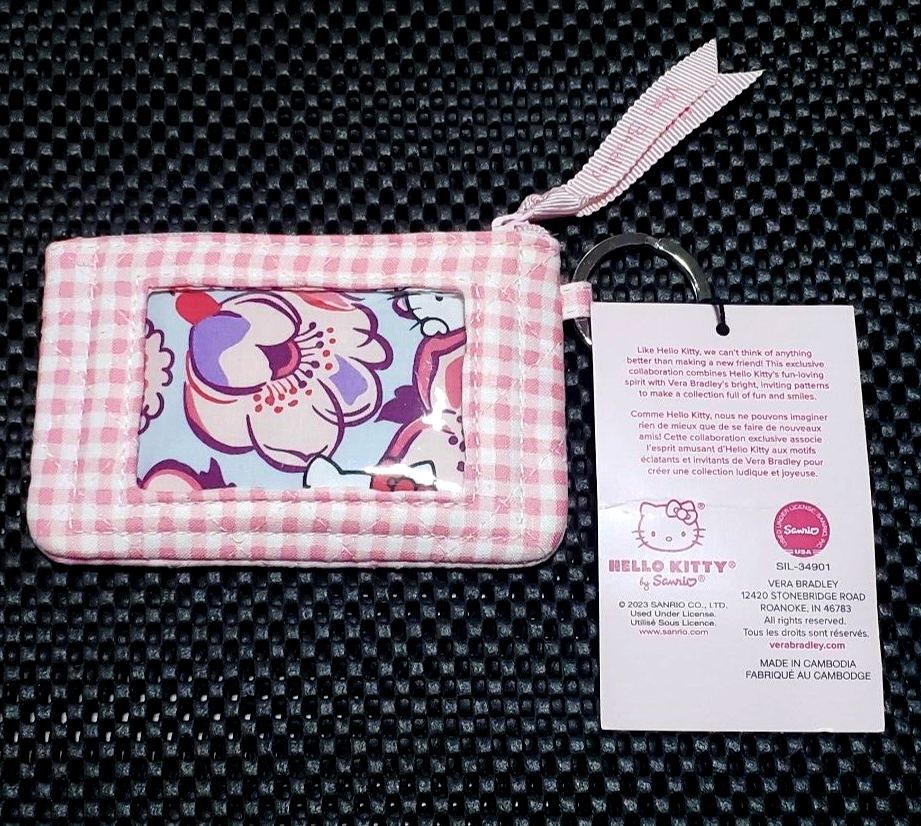 NWT Vera Bradley HELLO KITTY GINGHAM Zip ID Case Wallet PINK WHITE