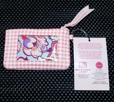 NWT Vera Bradley HELLO KITTY GINGHAM Zip ID Case Wallet PINK WHITE