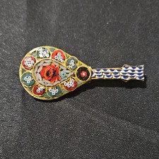 Vintage Italian Micro Mosaic Mandolin Brooch Multicolor Glass Brass Handmade