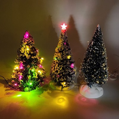 Christmas Village Lot Of 3 Battery Lighted 6'' Trees, 2 Lemax, 1 Unbranded