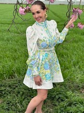 ZIMMERMANN-SIZE 3 (AU 14/US 10)-RAIE BUTTONED BLUE FLORAL BELTED MINI DRESS
