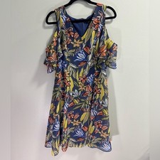Nine West Blue Floral Cold Shoulder Ruffle Sleeve V-Neck Dress 10