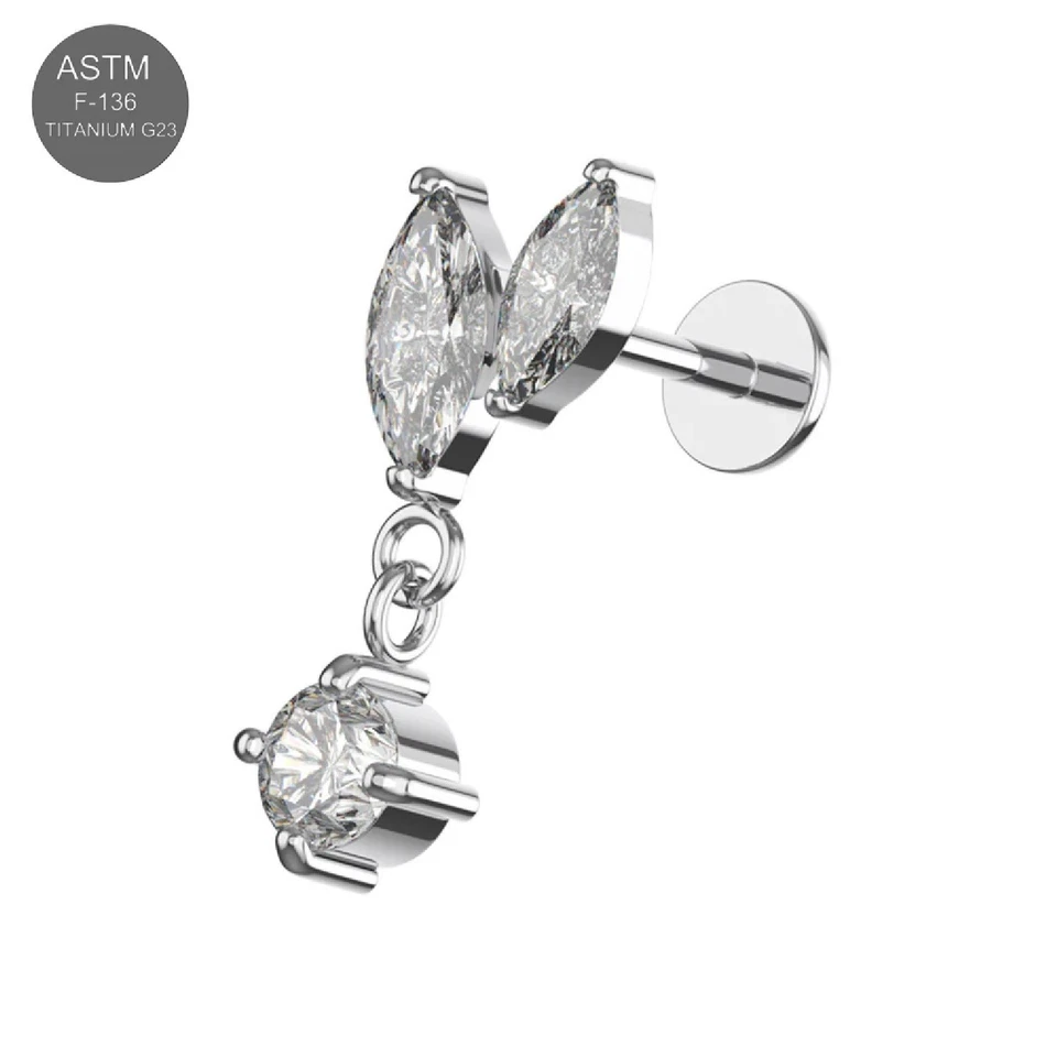 G23 Titanium Internally Thread Marquise CZ Dangle Ear Nose Labret Stud 1PC - Image 4 of 4