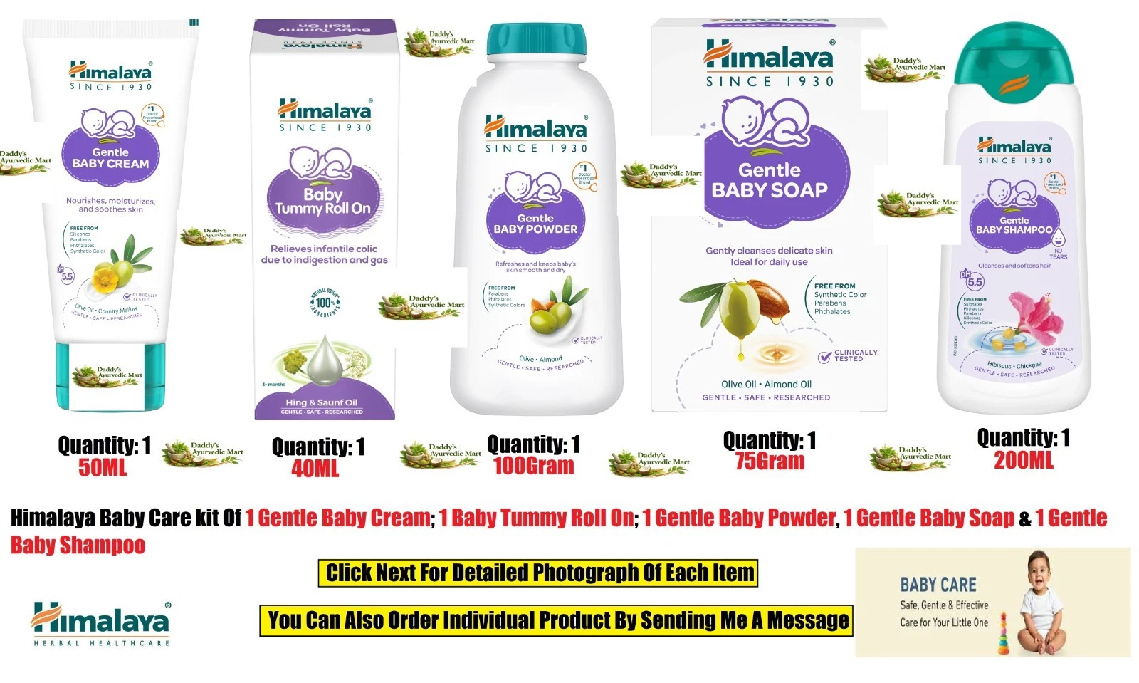 Himalaya Full Baby Care Kit Of Baby Cream, Tummy Roll On, Powder, Soap, Shampoo