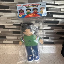 Lakeshore SAD 12" Feelings Soft Sewn Rag Doll Back Hair Embroidered Brn Eyes NEW