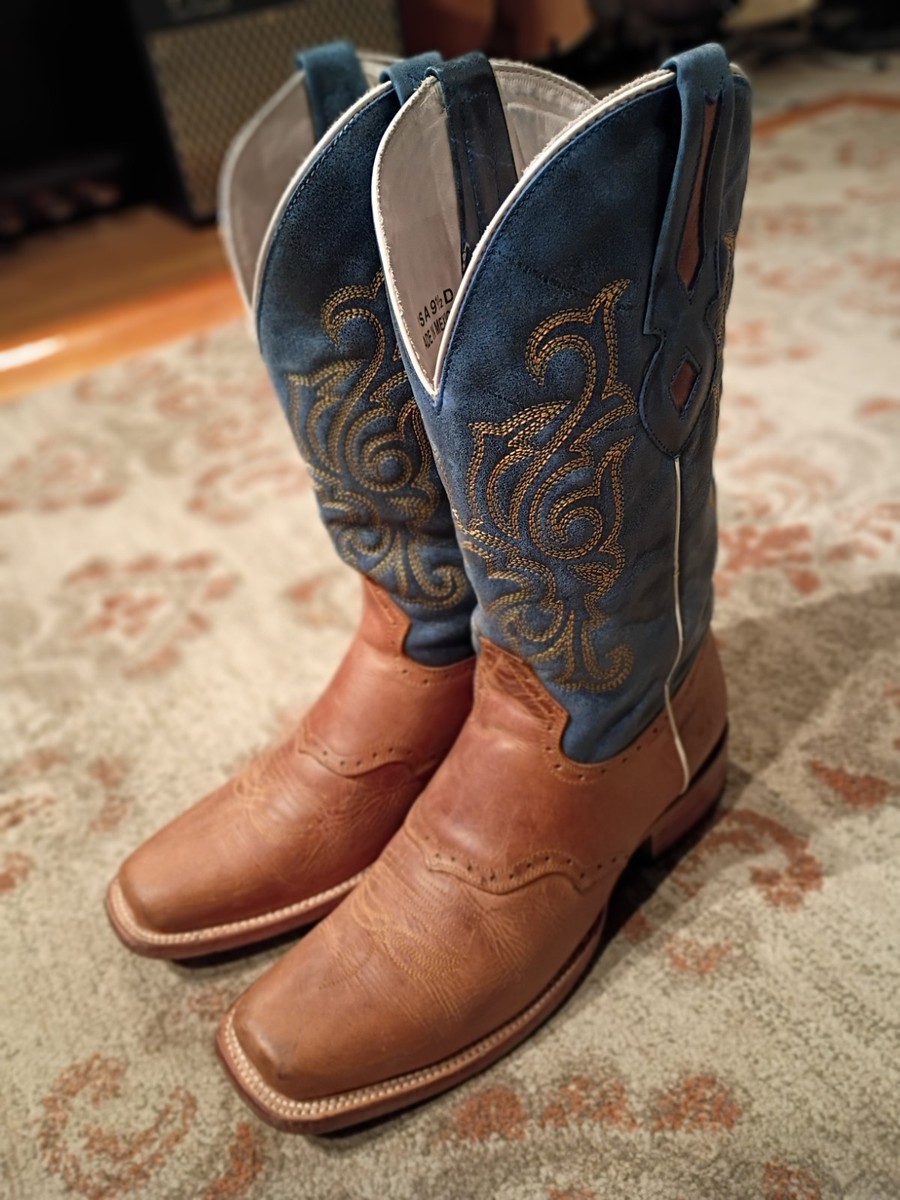 J B DILLON BROWN & BLUE LEATHER UPPER SQUARE TOE COWBOY BOOTS