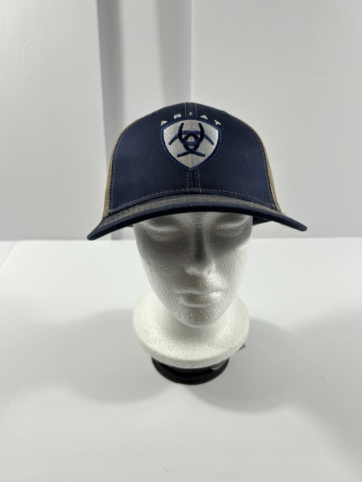 Ariat Hat Cap Snap Back Navy Blue Tan Trucker Mesh Embroidered Shield Men's