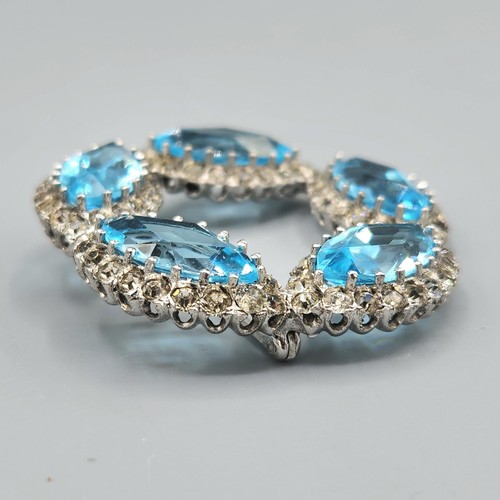 Vintage Sterling Silver Blue Aqua Marquise Glass Paste Round Wreath Brooch 25.4g - Picture 8 of 15
