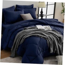 Blue Comforter Set - 7-Piece All Season Bed in a Bag Ultra Soft Queen Navy